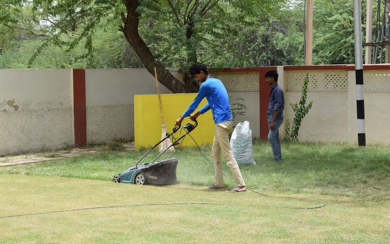 Young men working together on lawn maintenance with a mower in a sunny garden setting