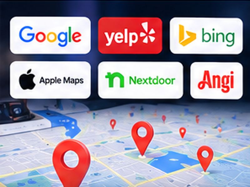 Map with business pins and local listing platform logos
